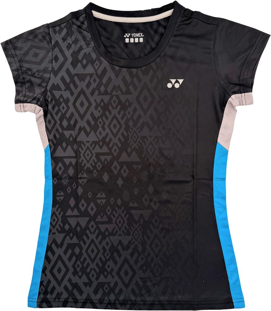 The Yonex YTL11 Women's Badminton T-Shirt in black features lightweight, quick-drying fabric, a black and gray geometric design with blue side panels, and a white Yonex logo on the chest.