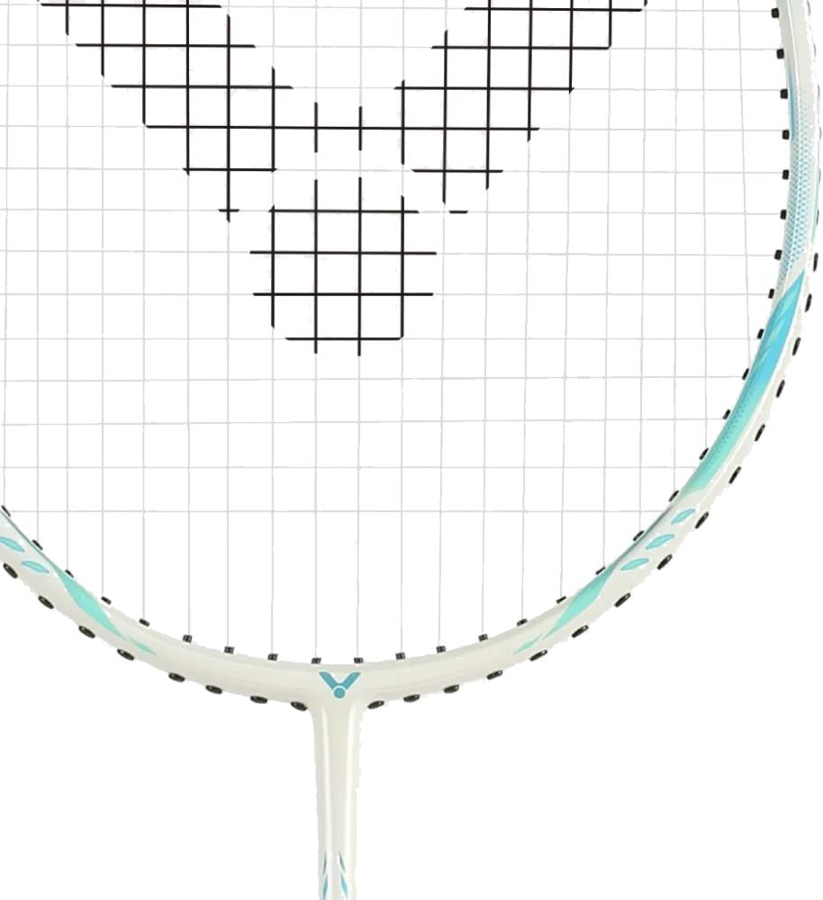 Close-up of a Victor Thruster Ryuga Sport R 3U Badminton Racket - Green by Victor, designed for beginner to intermediate players, with black grid-patterned strings and green accents on a white frame.