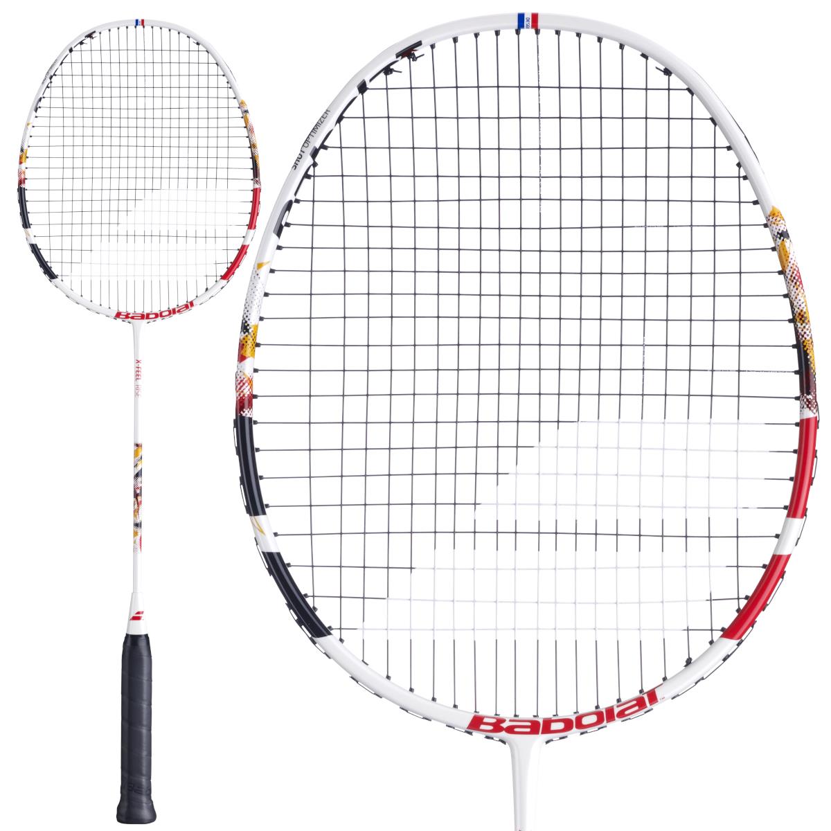 The image features the Babolat X-Feel Rise 2026 3U Badminton Racket in white/red, showing its full frame with black accents, a black grip, and a close-up of the tightly strung head to highlight its power potential.