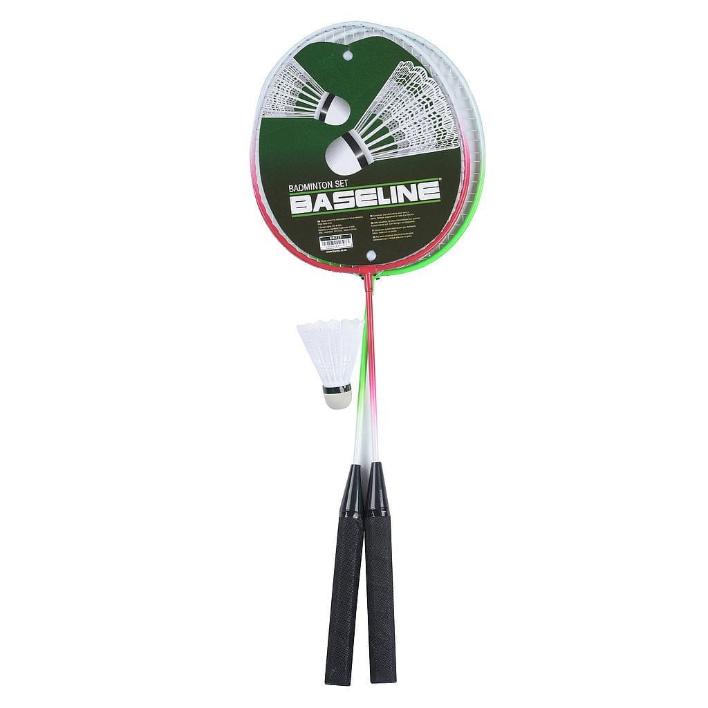 The Baseline 2 Player Badminton Set - Red / Green by Baseline includes durable alloy steel rackets with black handles and vibrant colors. Ideal for beginners, it comes with two white shuttlecocks, all conveniently packaged together.