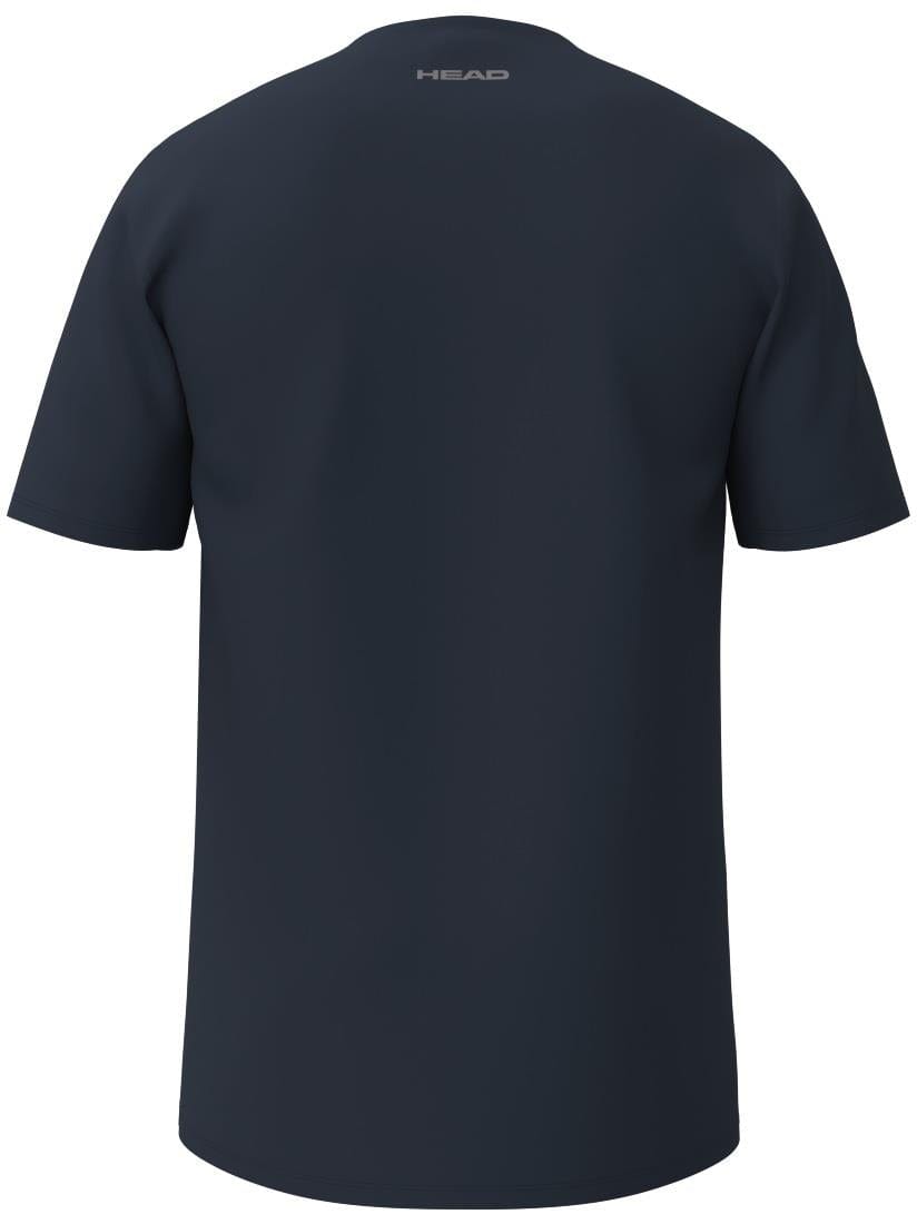 The HEAD Simple Men's Badminton T-Shirt, showcased on a white background, features a sporty style navy color with short sleeves and "HEAD" printed in small white letters near the neckline. Made from smooth polyester interlock, it's perfect for sleek court movement.