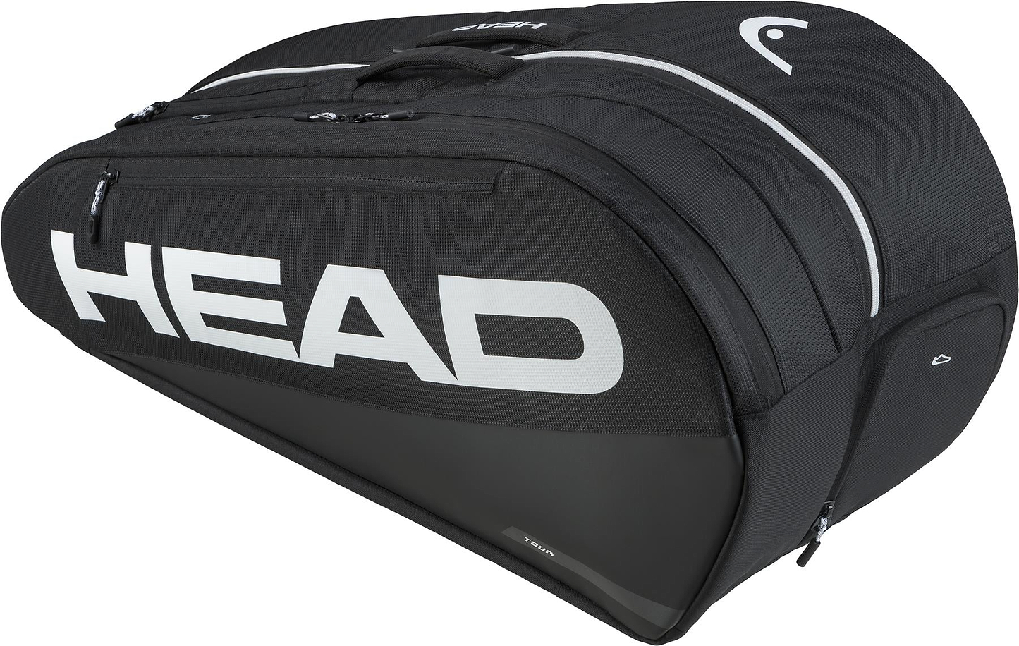 The HEAD Tour 9 Racket Badminton Bag L - Black features white branding, multiple zippered compartments, sturdy straps, CCT+ climate control technology, and a sleek design—ideal as a badminton bag or for carrying up to 9 rackets.