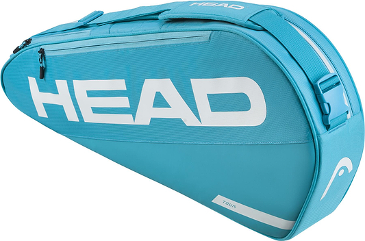 The HEAD Tour 3 Racket Badminton Bag S in blue features a large white HEAD logo, zippered compartment, adjustable shoulder strap, and a sleek modern design with a small "Tour" label near the bottom.