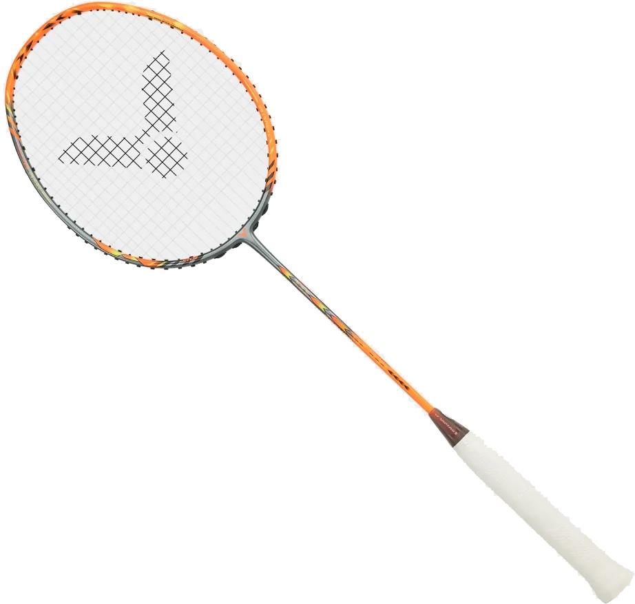 The Victor Thruster Rocket O 4U Badminton Racket by Victor features a silver and orange design with a head heavy balance, making it ideal for delivering powerful smashes and fast-paced gameplay.