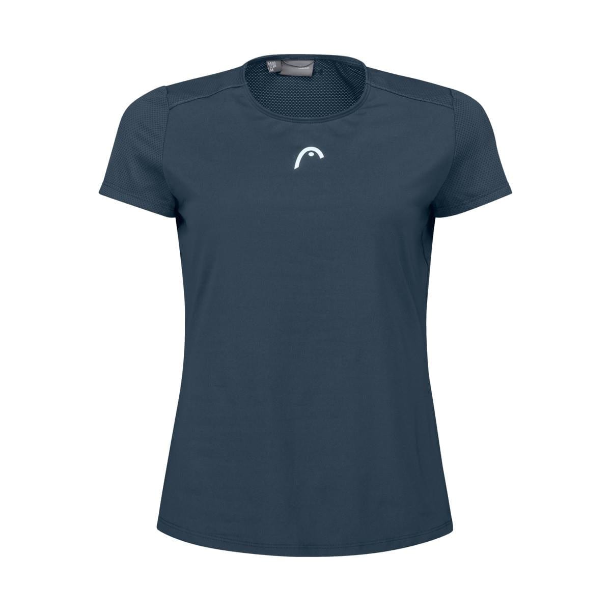 A navy blue women's badminton t-shirt with short sleeves, featuring a small white logo on the chest. Crafted by HEAD sportswear, the design is simple with a lightweight and breathable fabric, utilizing moisture transfer microfiber for optimal comfort during play.