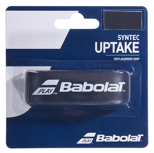 The Babolat Syntec Uptake Replacement Badminton Grip - Black features a sleek design, encased in transparent plastic within a blue package. The Babolat logo and brand name are prominently displayed, making it ideal for badminton enthusiasts.