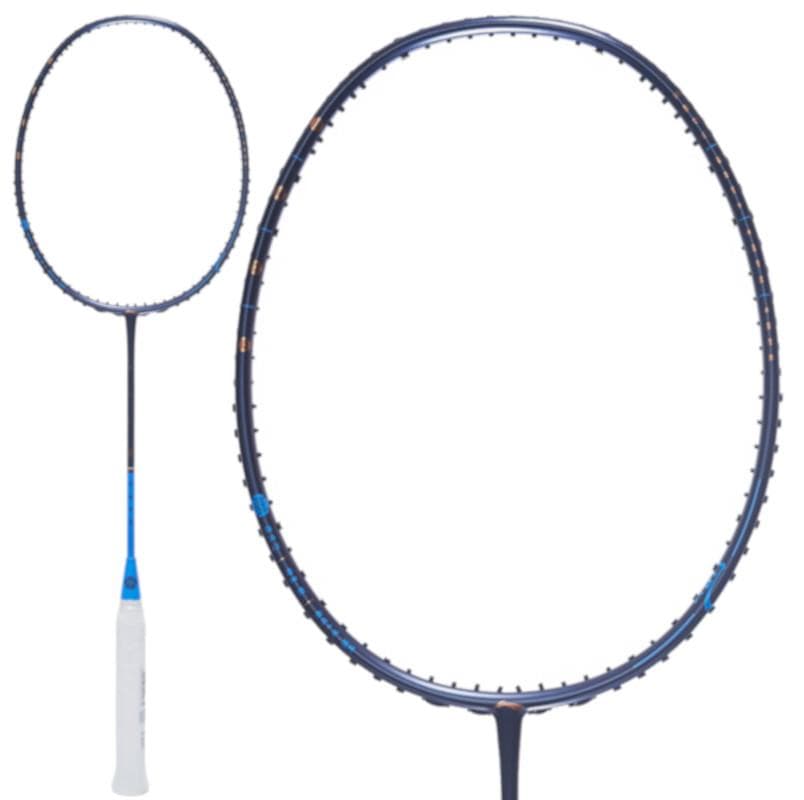 The Li-Ning Limited Edition 'Wind' 4U Badminton Racket Box Set is a masterpiece of design, showcasing a black frame and strings paired with a white grip. It features blue detailing on the shaft, standing out boldly against a plain white background.