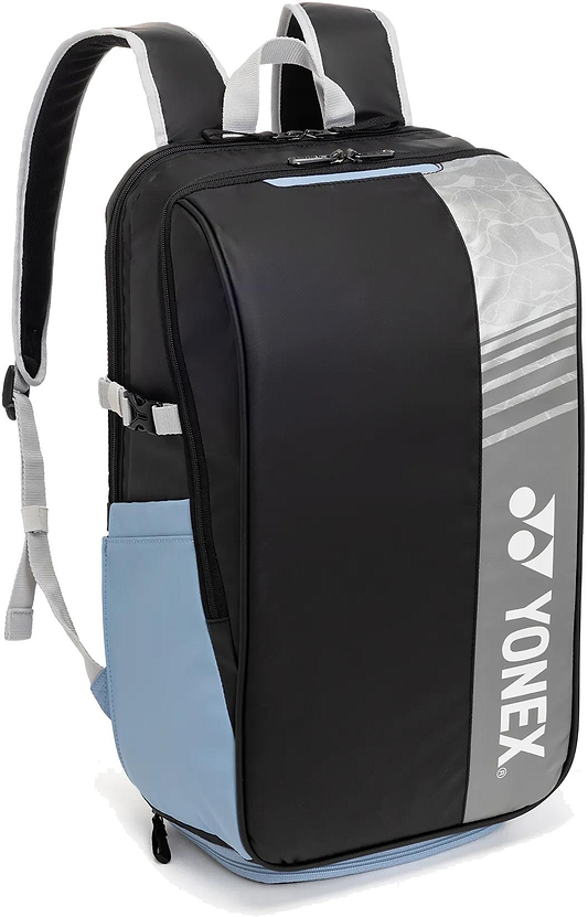 The Yonex BA52512EX Club Badminton Backpack in black and blue features the Yonex logo, adjustable shoulder straps, and zippered compartments—ideal for badminton players seeking a practical, durable bag.