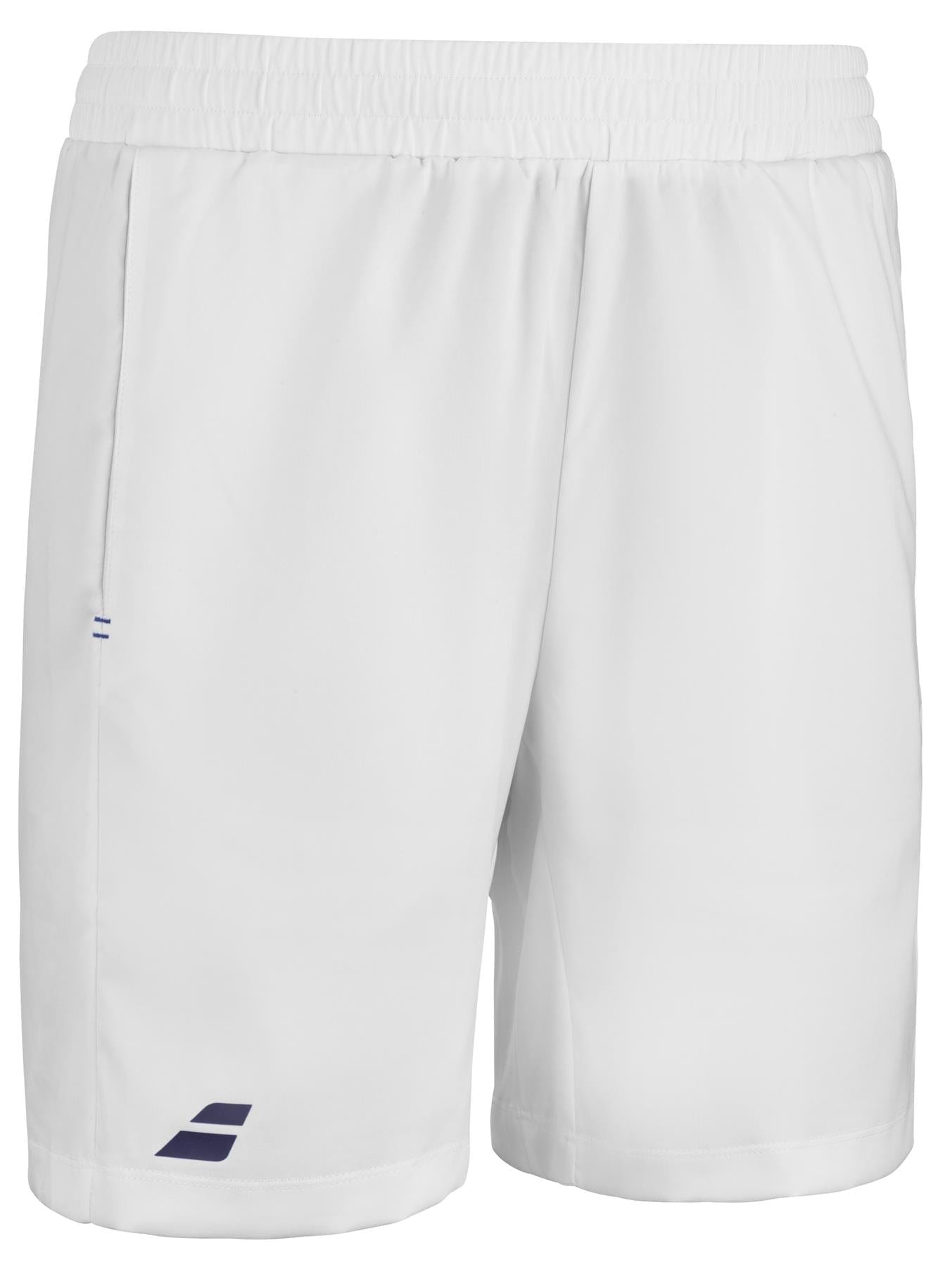 The Babolat Play Men's Badminton Shorts in white are made from recycled polyester fabric and feature an elastic waistband with a small navy blue logo near the bottom left hem. They are perfect for those who value sustainability and style in their sportswear.