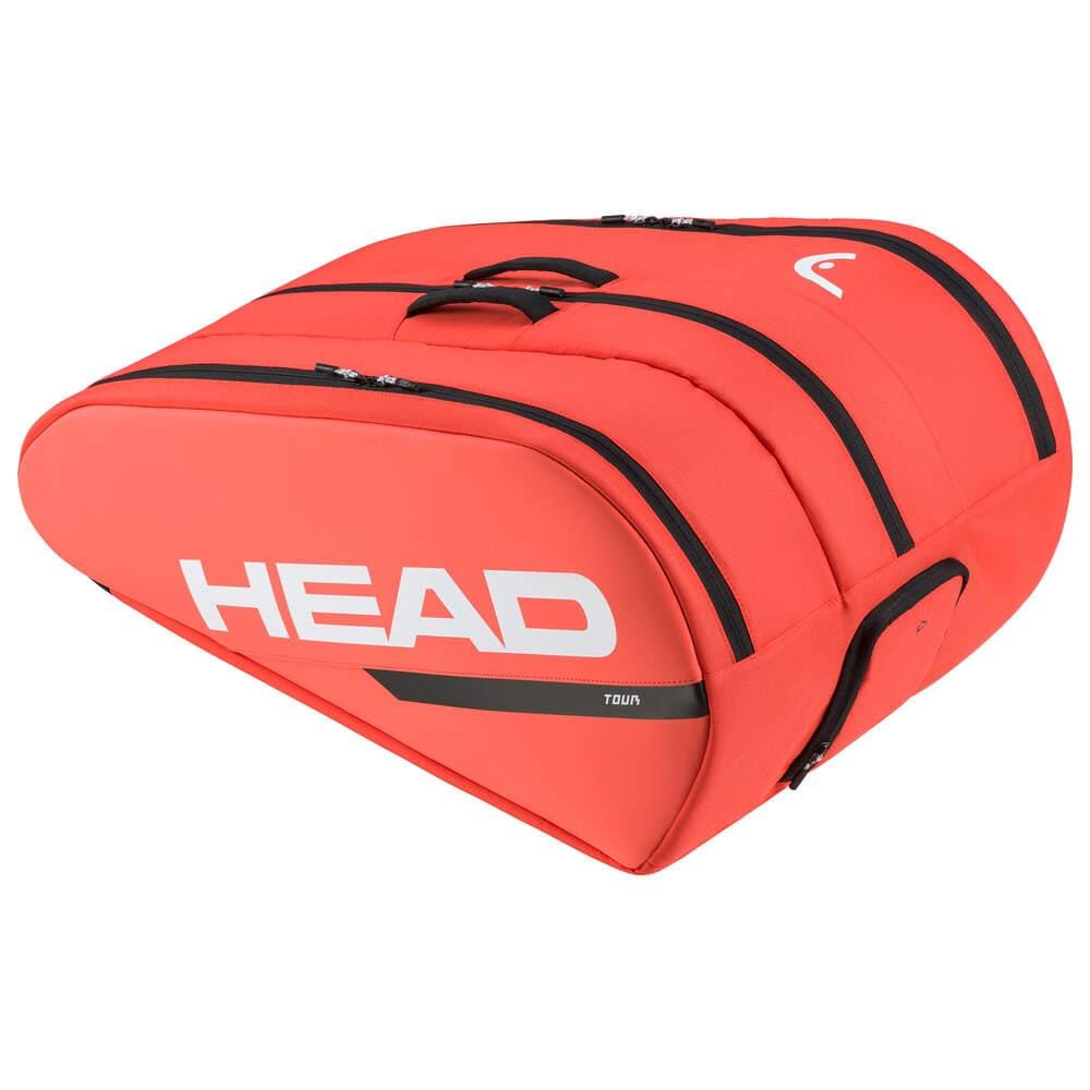 Fluorescent orange badminton racket bag featuring the brand "HEAD" prominently in white lettering on the side. This sleek and sporty HEAD Tour Badminton Racket Bag XL comes with multiple zippered compartments, a convenient carrying handle on top, and a backpack carry system for easy transport.