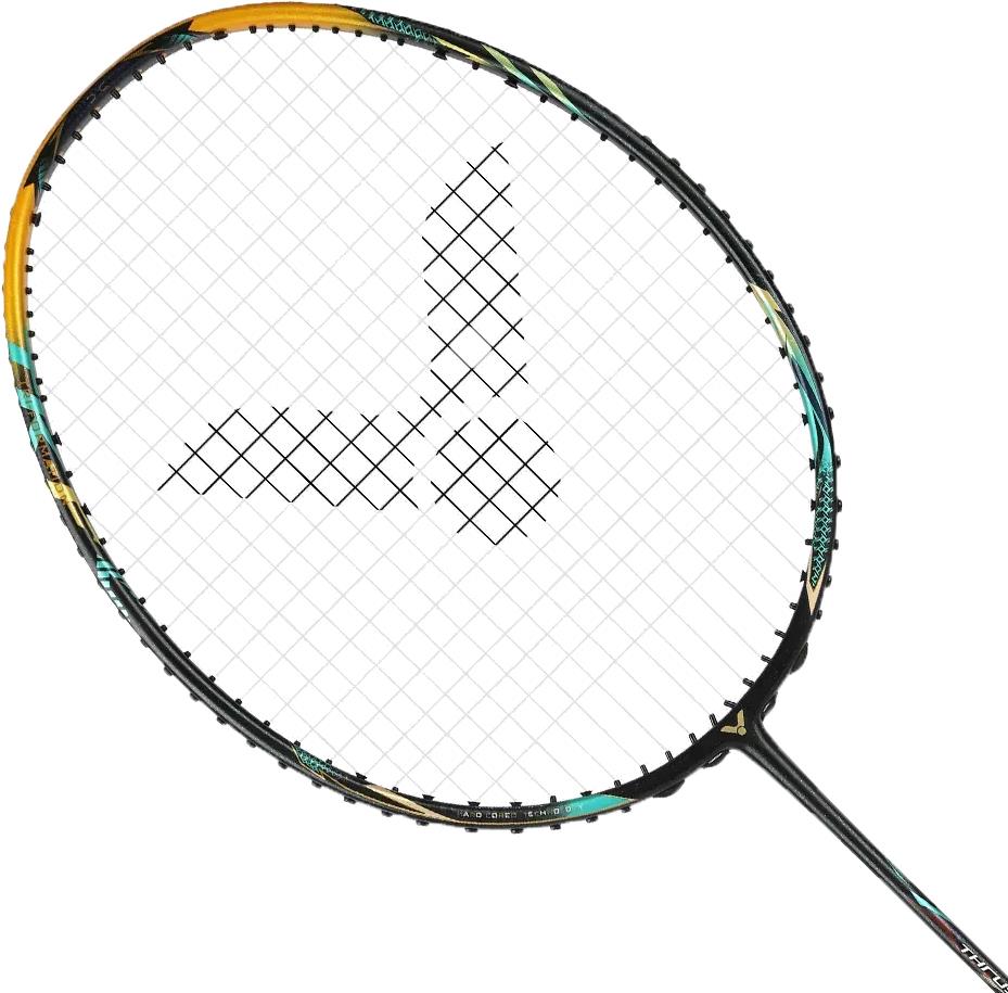 The Victor Thruster F C Ultra CX 4U Badminton Racket by Victor features a black and gold frame, advanced technologies, and white string with a bold black logo on the string bed.