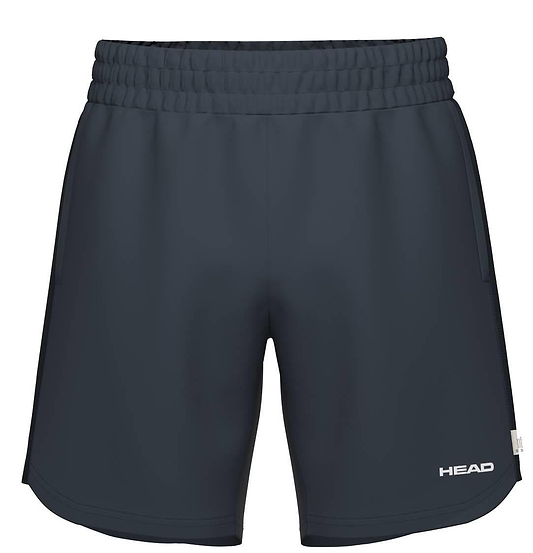 HEAD Power Mens Badminton Shorts in navy feature an elastic waistband, white HEAD logo on the lower left leg, and a sleek, lightweight design made from breathable fabric for comfort and style on the court.