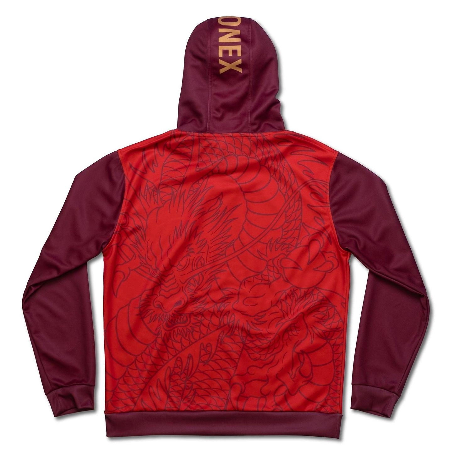 Presenting the Yonex CNY2024 Linear Dragon Unisex Badminton Hoodie in vibrant red: a stunning blend of red and burgundy that highlights an elaborate dragon design across the back. The word "Yonex" glimmers in gold on the hood, encapsulating the power of the dragon and celebrating Chinese New Year with flair.