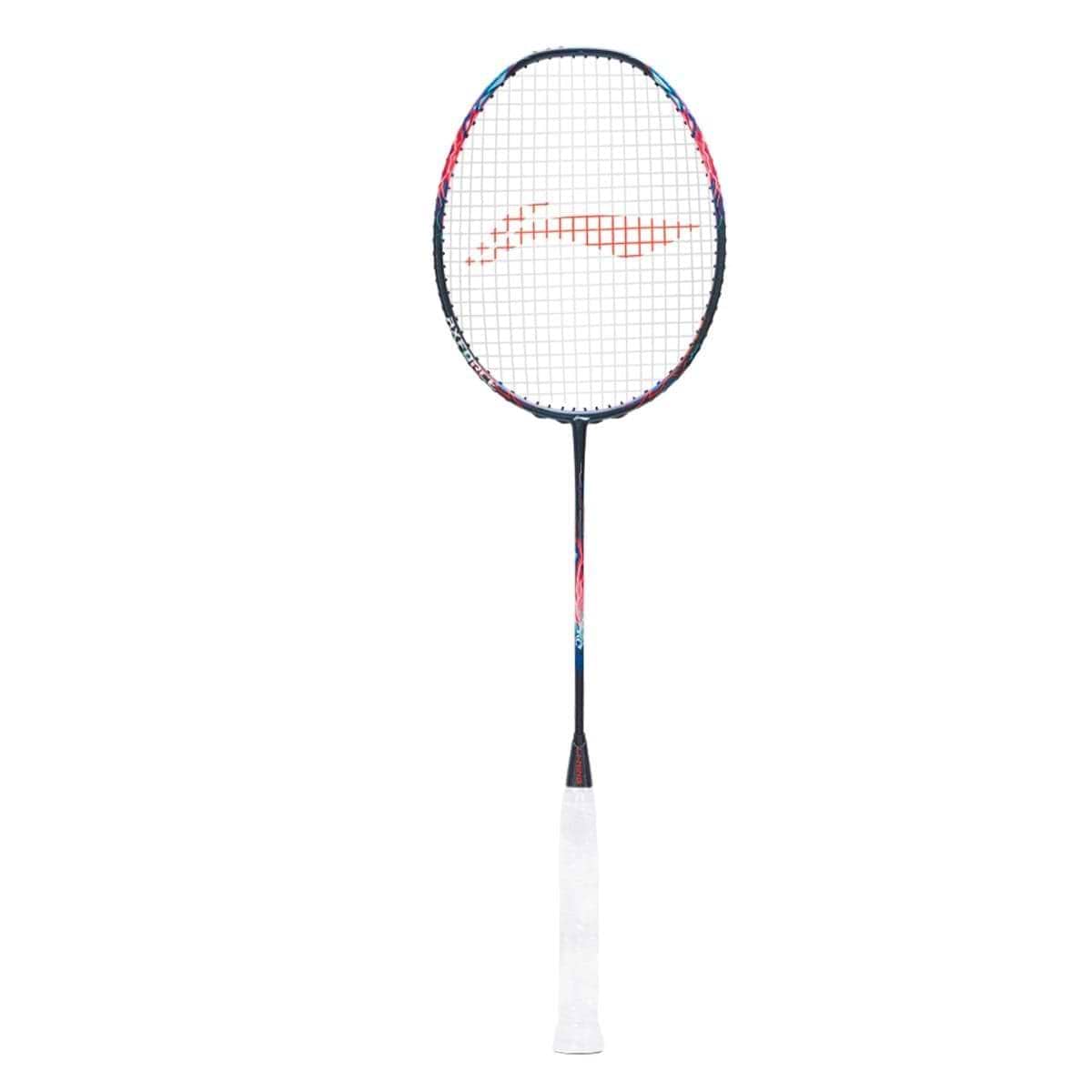 The Li-Ning Axforce 90 Tiger Max 4U badminton racket, crafted by Li-Ning, features a sophisticated black frame accented with red highlights tailored for advanced players. The strings proudly display an orange logo design, while the handle is wrapped in white grip tape set against a simple white background.