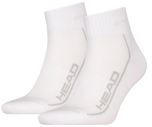 HEAD Performance Quarter Badminton Socks - White (2 Pack) feature ribbed cuffs, cushioned soles for comfort, and "HEAD" in gray on the sides.