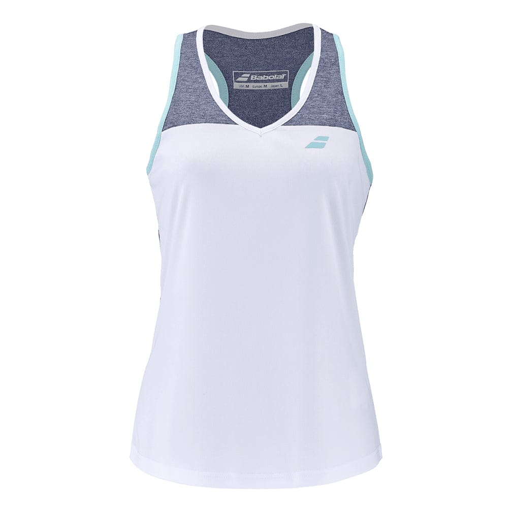The Babolat Play Women's Badminton Tank Top in White and Blue Heather features a sleeveless design with a V-neck, light blue accents, and a small logo on the front. Ideal for active use, this tank top incorporates FiberDry technology to keep you cool and dry during workouts.