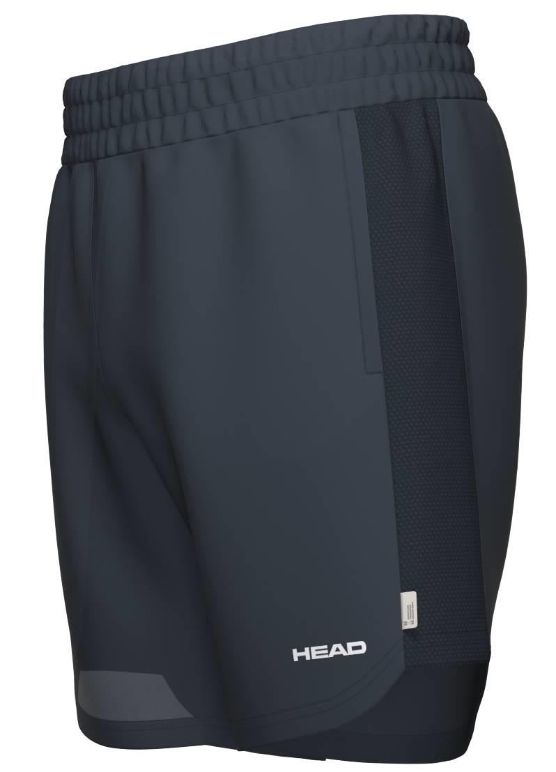 The HEAD Power Men's Badminton Shorts in navy feature an elastic waistband, mesh side panels, and the HEAD logo on the lower left leg. Lightweight and breathable, they’re ideal for active wear or intense matches.