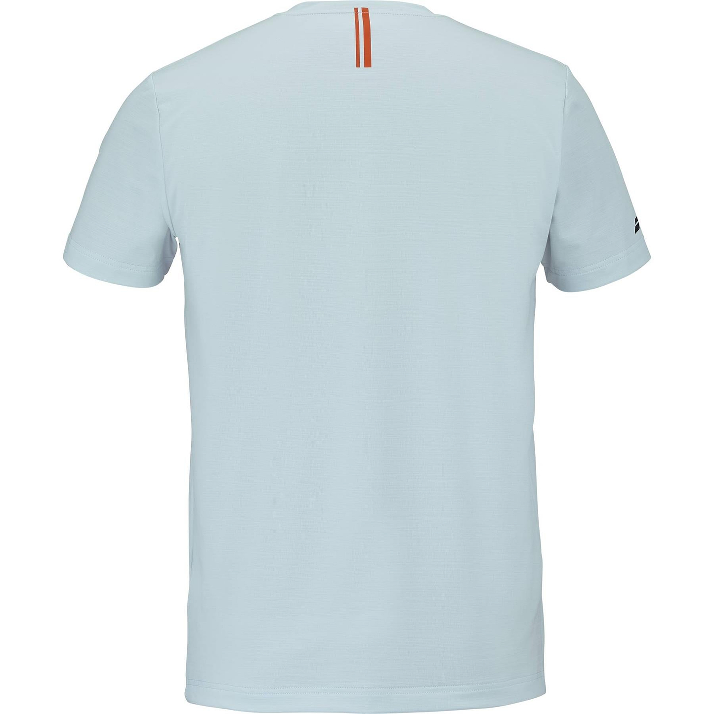 The Babolat Play Men's Crew Neck Badminton T-Shirt in Illusion Blue features a small vertical orange stripe at the back neckline and a subtle left sleeve logo—ideal for men seeking stylish badminton apparel from Babolat.