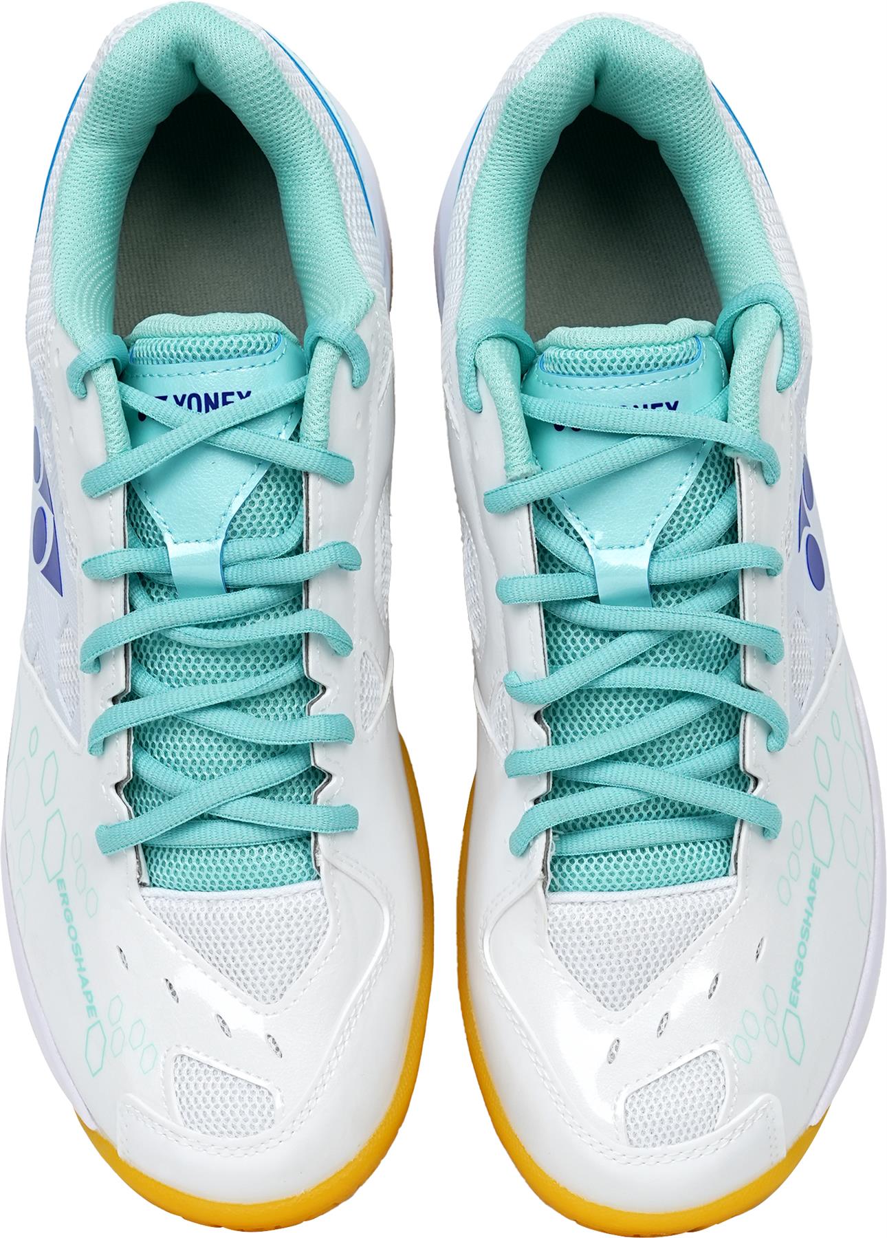 Top view of Yonex Power Cushion SHB 101 Badminton Shoes by Yonex in white and mint, featuring mesh panels, teal laces/interiors, yellow soles, and blue logos—designed to deliver superior shock absorption on the court.