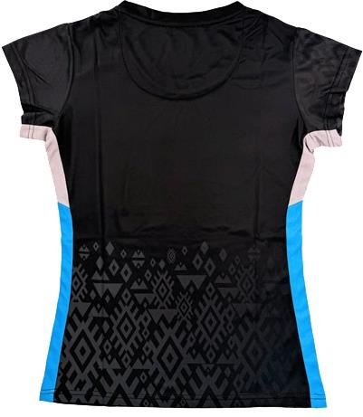 The Yonex YTL11 Womens Badminton T-Shirt in black features short sleeves, a geometric lower-half pattern, blue side panels, pink sleeve accents, and lightweight performance fabric—shown from the back.