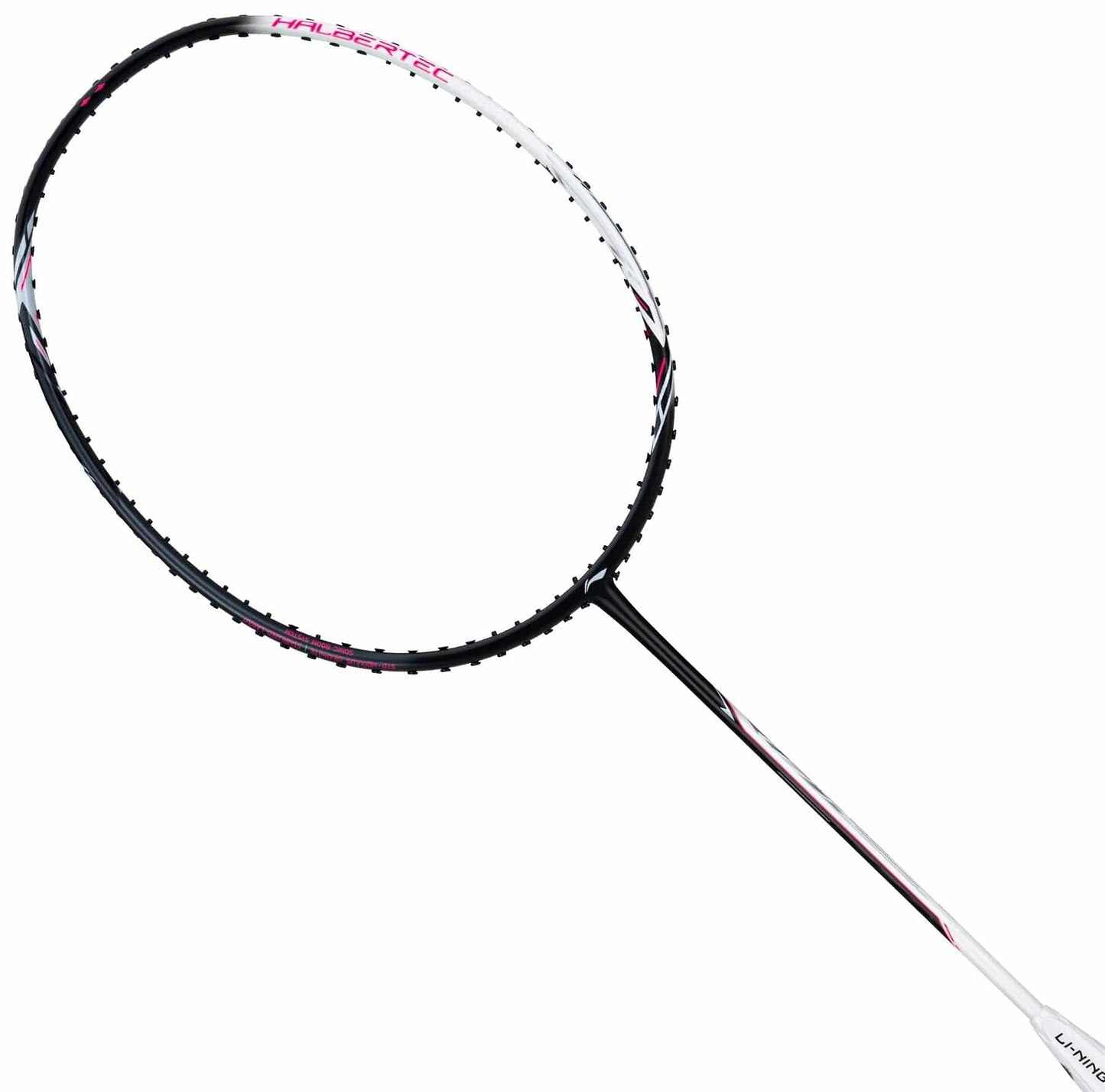 A close-up of the Li-Ning Halbertec 2000 3U Badminton Racket - Cool Ebony, featuring a thin shaft and oval head in black, white, and pink, by Li-Ning, displayed on a plain white background.