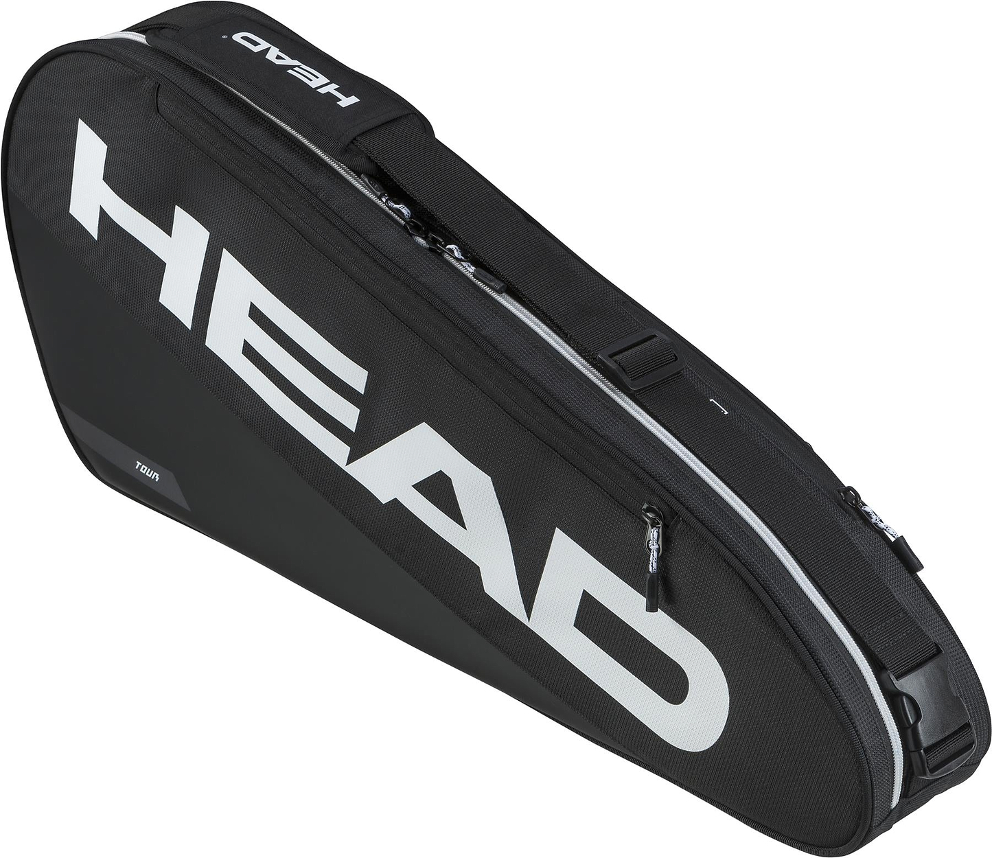 The HEAD Tour 3 Racket Badminton Bag S - Black by HEAD is displayed at an angle on a white background, featuring bold white "HEAD" lettering, a zipper, and a shoulder strap.
