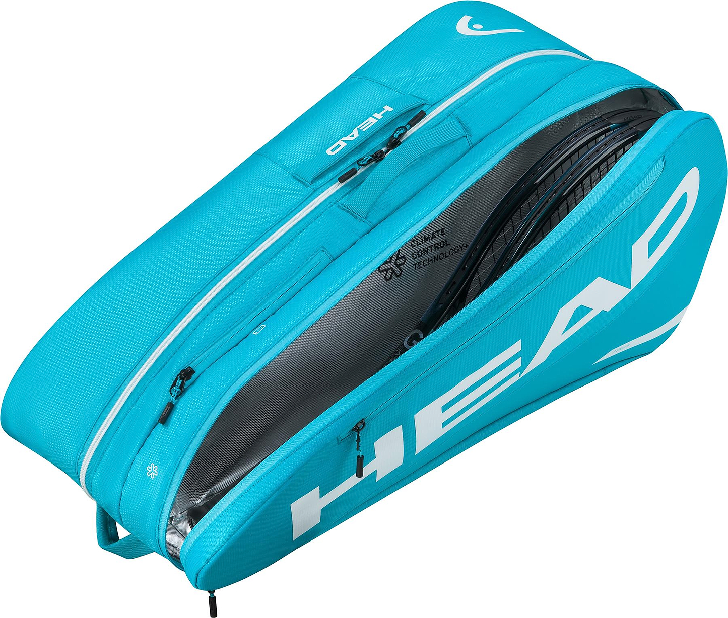 A blue HEAD Tour 9 Racket Badminton Bag L by HEAD, partially unzipped to reveal rackets inside. The bag includes multiple compartments and features "Climate Control Technology" printed on the interior.