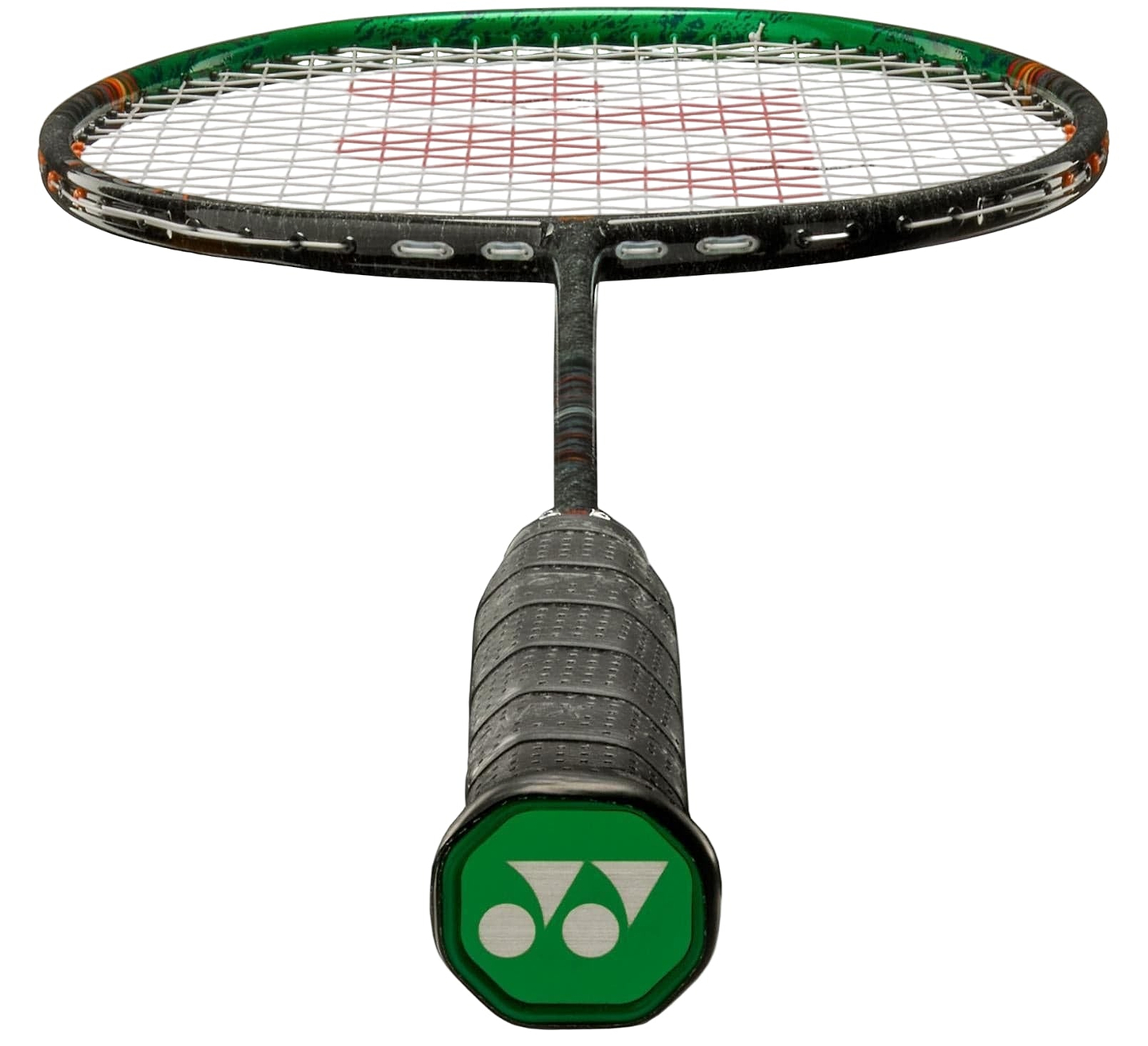 A close-up of the Yonex Astrox 99 Tour 4U Badminton Racket in black and green shows the handle with a white Yonex logo on the green cap, while its powerful strings and oval frame are visible in the background.