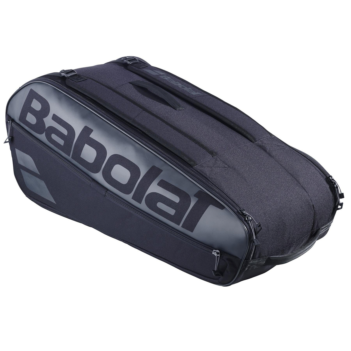The Babolat Court L 9 Racket Badminton Bag in black features a spacious main compartment and zippered sections, with "Babolat" prominently on the side. Made from recycled PET, this versatile bag includes shoulder straps for easy carrying.