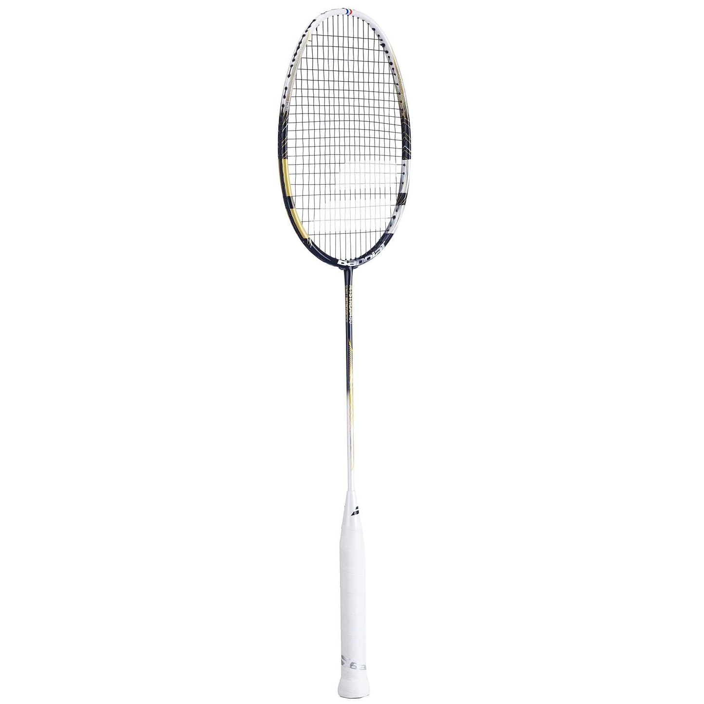 The Babolat Jetstream 80 4U Badminton Racket in Gold/Black offers exceptional maneuverability with its elegant design and contrasting features.