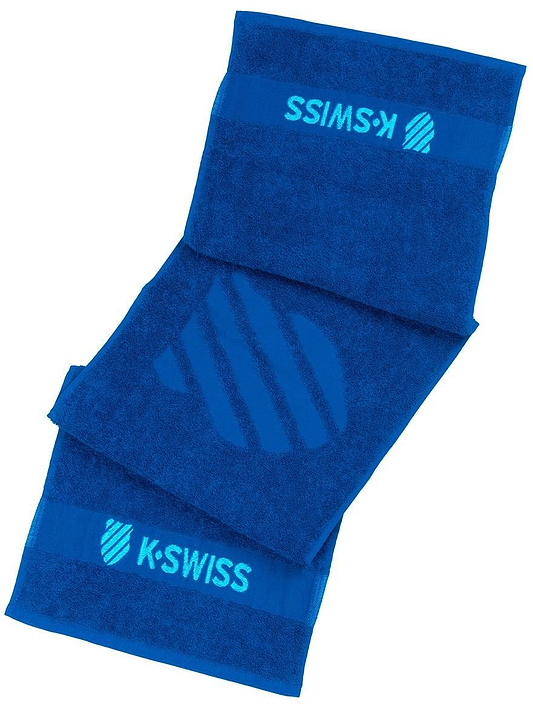 Three K-Swiss 60 Year Anniversary Towels in Brunner Blue are stacked, each featuring the K-Swiss logo and name in light blue on a darker blue band—a perfect 100% cotton tennis towel for fans and players.