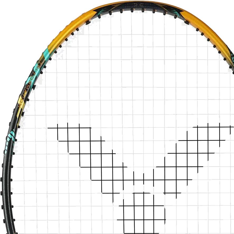A close-up of the Victor Thruster F C Ultra CX 4U Badminton Racket by Victor, featuring a black and gold frame with a sleek "V" string pattern, highlighting advanced technologies for peak performance.