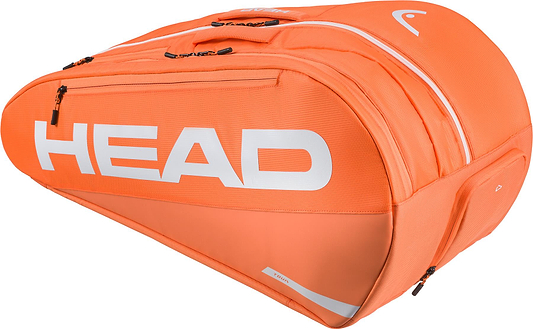 The HEAD Tour 9 Racket Badminton Bag L - Orange features a bright orange color, white HEAD logo, multiple zippered compartments, spacious main compartment, and climate control technology in a sleek, modern design.