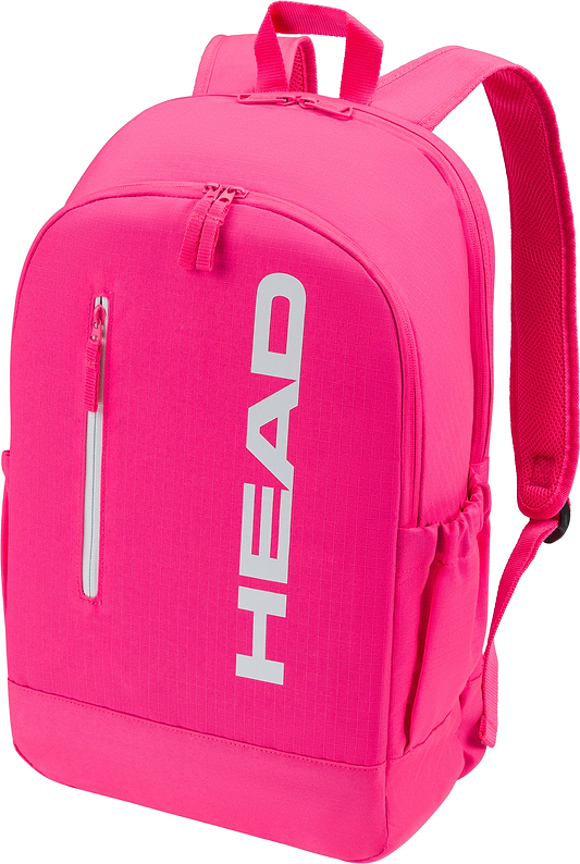 The HEAD Base 17L Badminton Backpack - Pink features "HEAD" in white, a front zip pocket, side pockets, padded shoulder straps, and a separate racket compartment.
