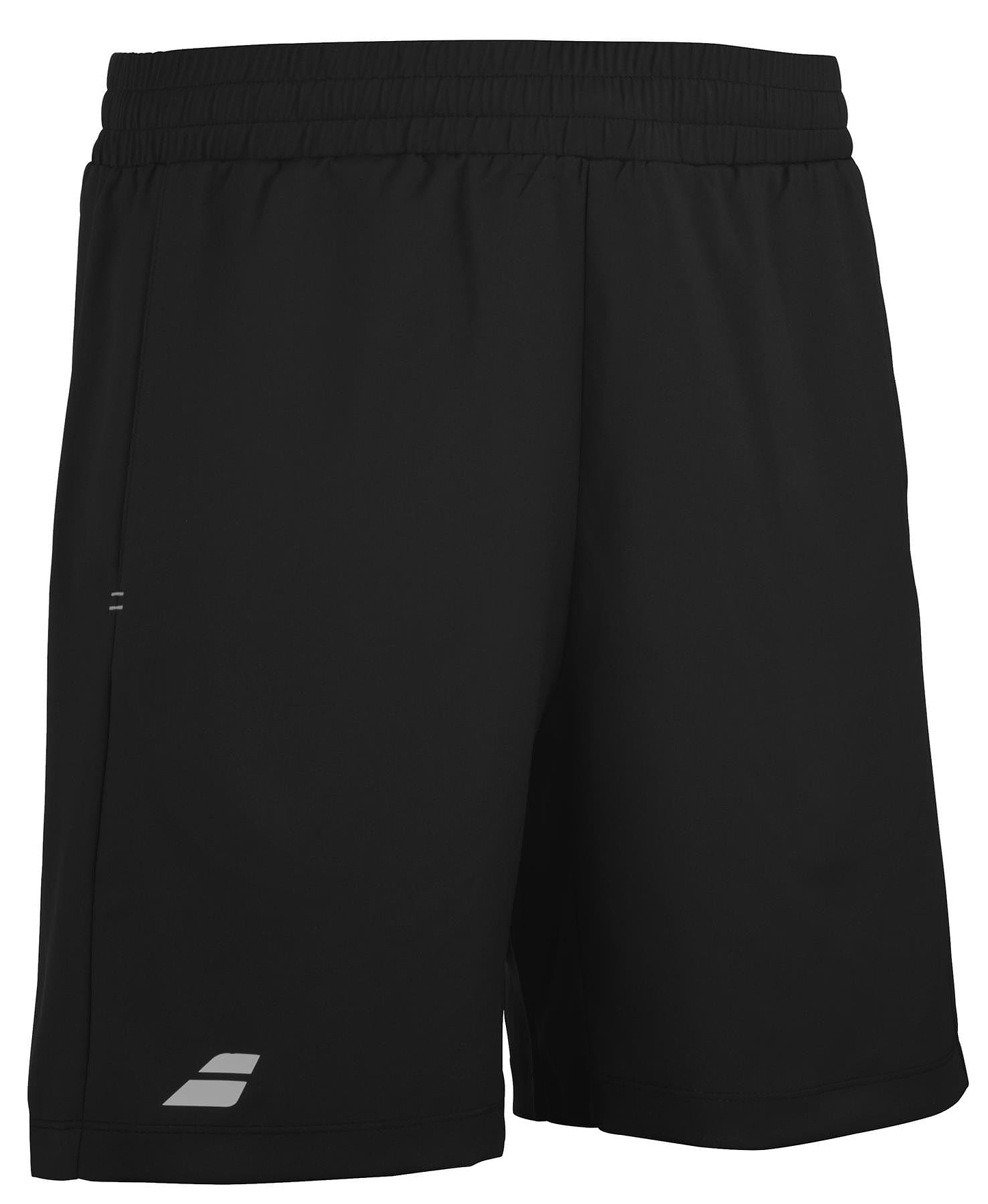 The Babolat Play Men's Badminton Shorts in Black are made from recycled elastic polyester and feature an elastic waistband with a small logo on the lower left side. The smooth, lightweight 360 Motion fabric makes them ideal for sports or casual wear.