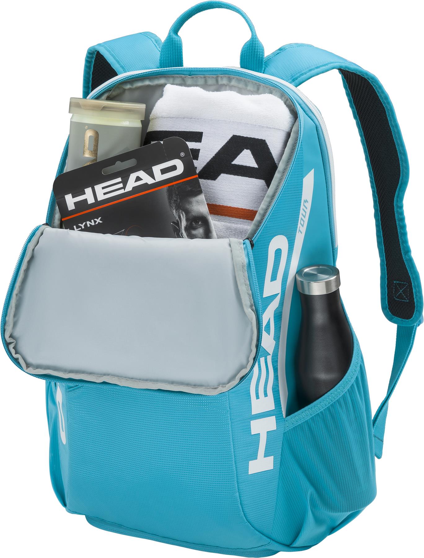 The HEAD Tour 25L Badminton Backpack - Blue by HEAD features a teal design with black and white accents, a small top handle, front pocket holding a towel and tennis string package, and a water bottle in the side pocket.