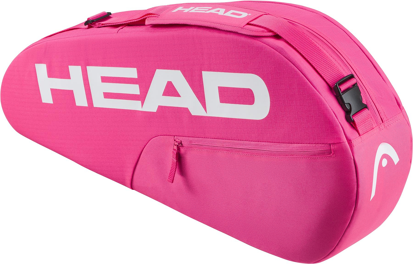 The HEAD Base 3 Racket Badminton Bag S in bright pink features a white HEAD logo, side zipper pocket, and adjustable shoulder strap, displayed against a white background.