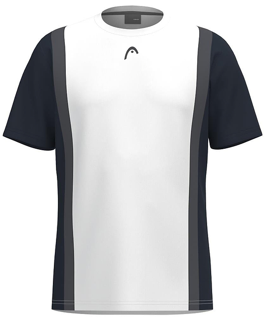 The HEAD Club Tech 25 is a navy and white athletic shirt with short sleeves, featuring a minimalist design. It has a contrasting panel layout separated by gray stripes, a small logo near the neckline, and is crafted from breathable fabric with Moisture Transfer Microfiber.