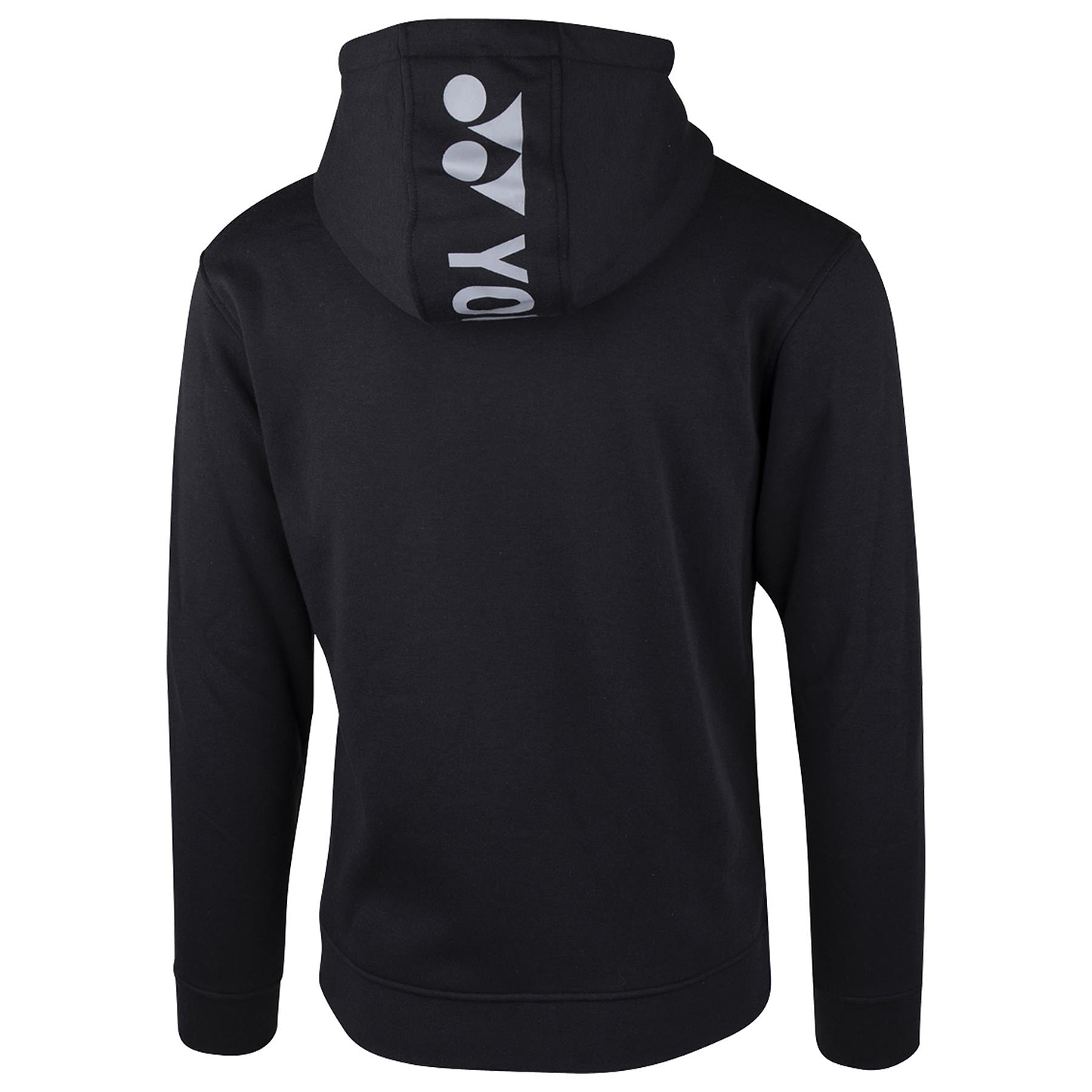 The Yonex YHD8000 Unisex Badminton Hoodie in black is displayed from the back, showcasing a stylish printed design on the hood. This hoodie combines a trendy appearance with essential UV protection.