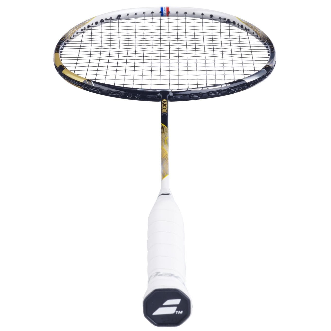 The Babolat Jetstream 80 4U Badminton Racket features a gold and black frame with a white handle, black strings, and the brand logo on the butt cap for optimal manoeuvrability.