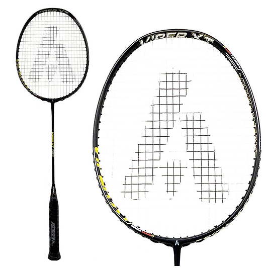 The Ashaway Viper XT-1500 Badminton Racket in black, featuring a white string bed and bold "A" logo, uses advanced Viper Weave technology for superior control and performance on the court.