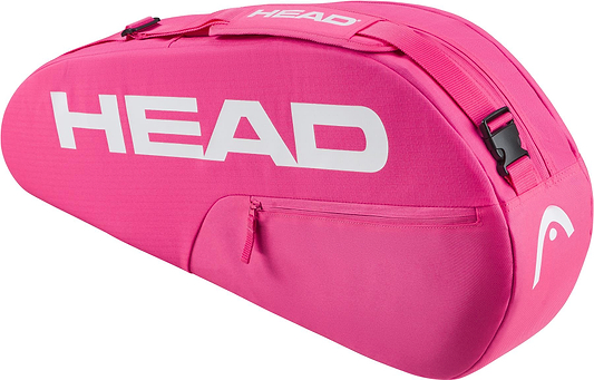 The HEAD Base 17L Badminton Backpack - Pink features a sleek, curved design, large white logo, side zippered pocket, adjustable shoulder strap, and a dedicated racket compartment—ideal for carrying rackets and accessories.