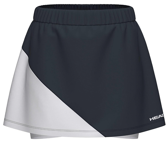 The HEAD Dynamic Womens Badminton Skort in navy and white features an elastic waistband, a sporty color block design, moisture-wicking fabric for comfort, and the HEAD logo printed near the hem.