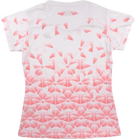 The Yonex YTL2025B Women's Badminton T-Shirt in white features pink floral-like geometric gradients, denser at the bottom and fading upward, made from breathable sports fabric.