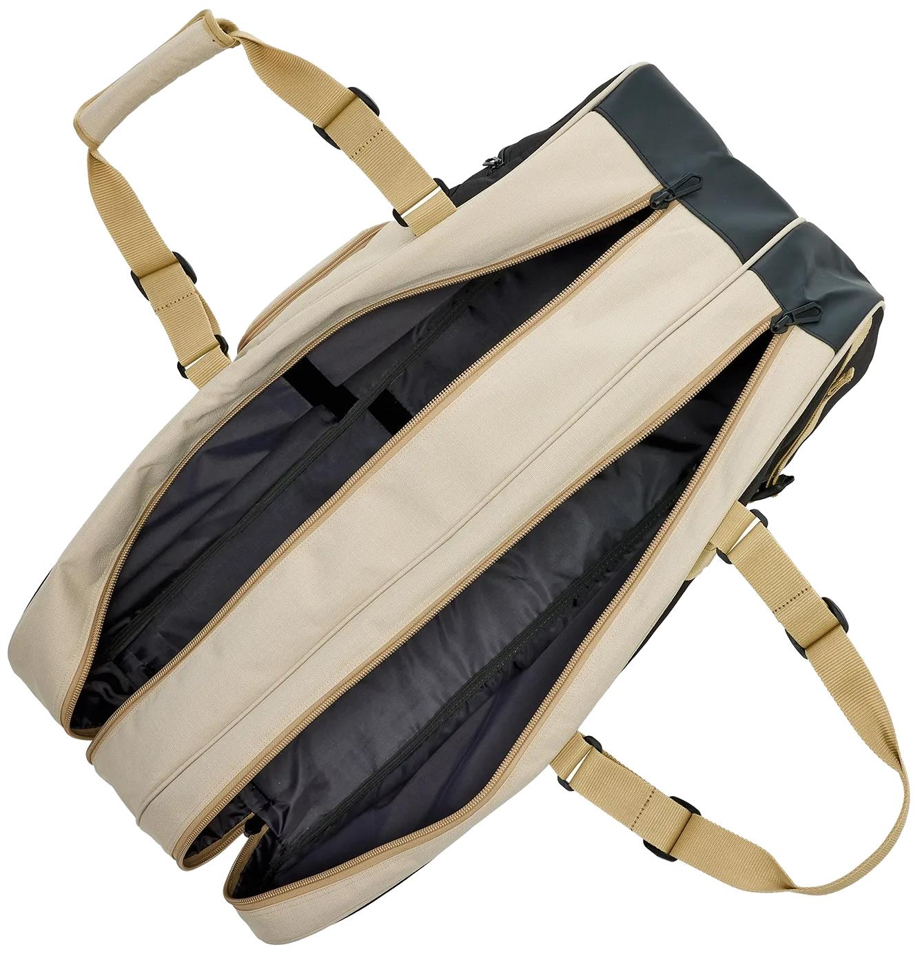 The Yonex BA72626EX Gearlogic 6 Racket Badminton Bag in beige is crafted from recycled polyester, featuring two spacious zippered compartments and tan adjustable shoulder straps for stylish, functional badminton gear storage.
