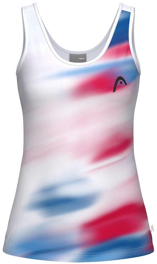 The HEAD Blur Womens Badminton Tank Top - ROXU features a sleeveless design with a blue, red, and white blended pattern and a small black logo on the chest; this moisture-wicking tank is ideal for women's sports.