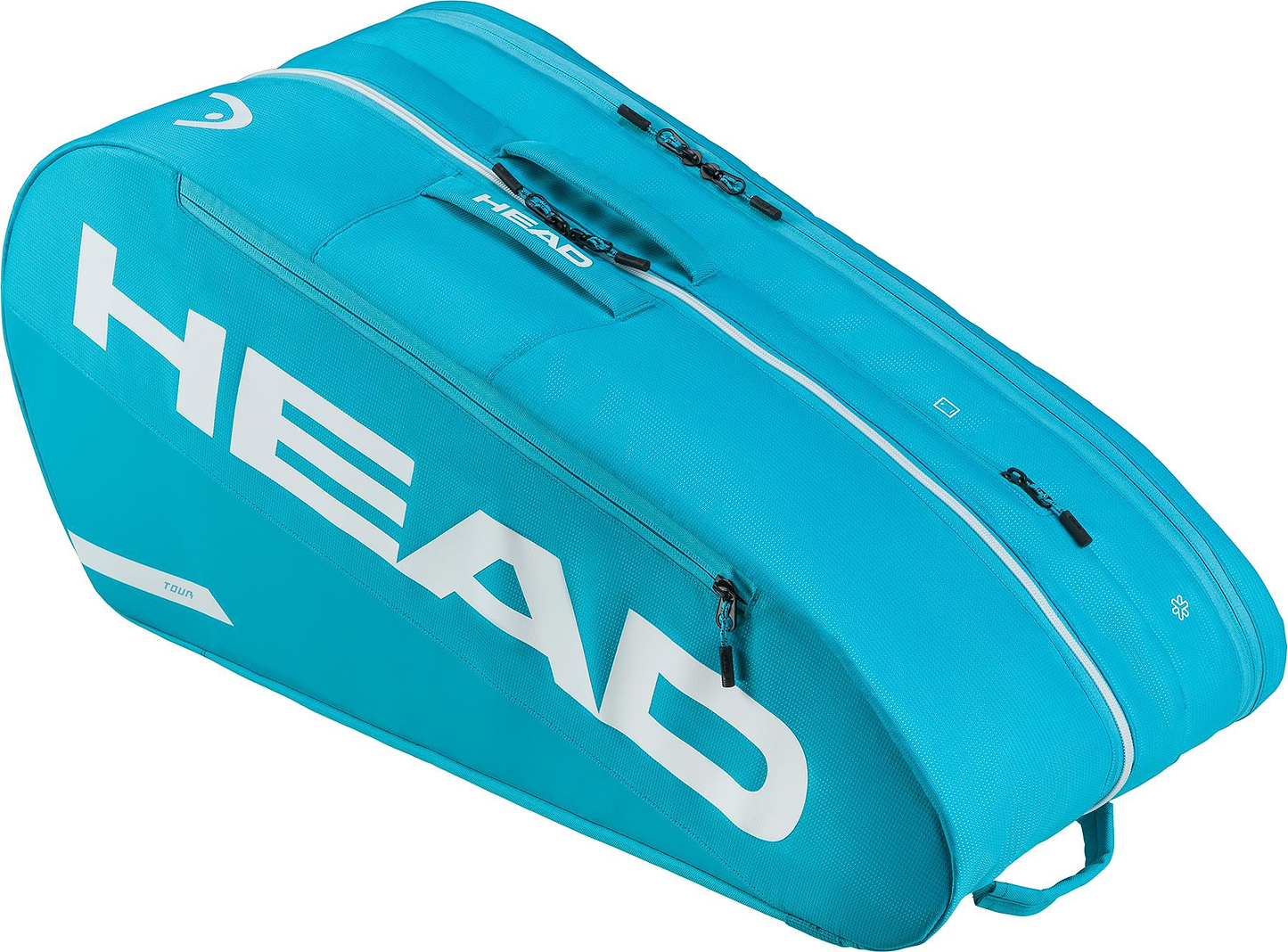 The HEAD Tour 9 Racket Badminton Bag L - Blue features multiple zippered compartments, top handle, and bold white HEAD branding on a spacious blue design.