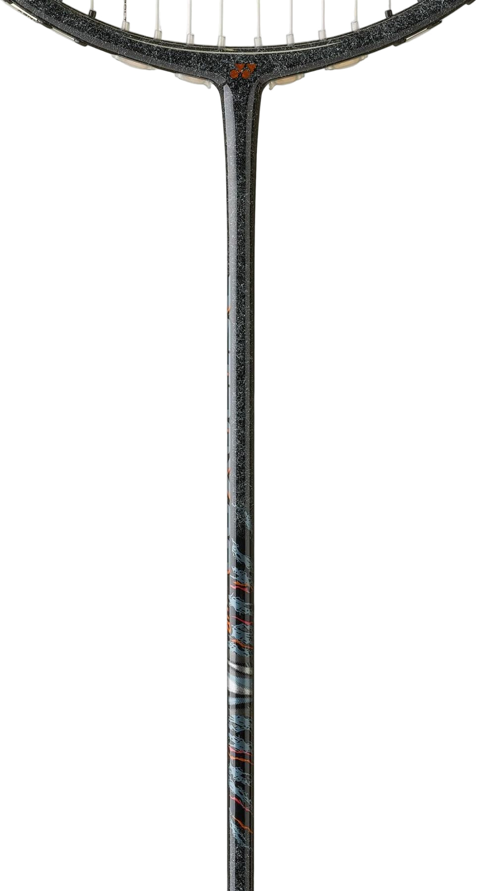 Close-up of the Yonex Astrox 99 Tour 4U Badminton Racket - Black/Green by Yonex, showing its shaft and lower head with a sleek, speckled design and green accents, engineered for superior power against a white background.