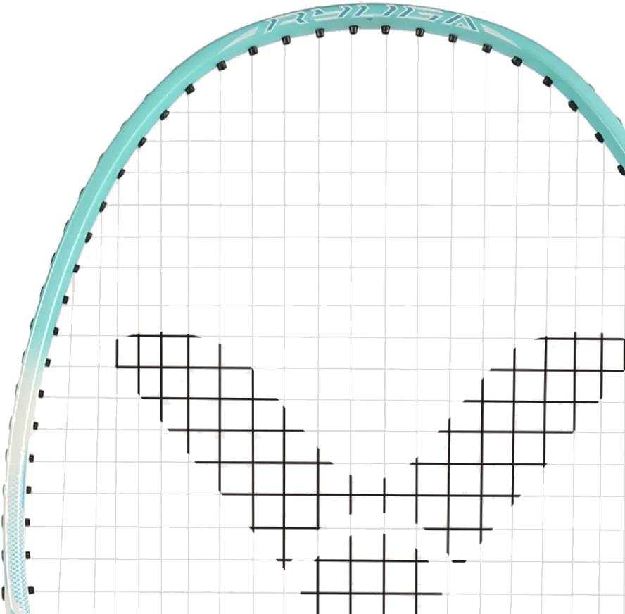 Close-up of a Victor Thruster Ryuga Sport R 3U Badminton Racket in green, featuring black strings with a "V" pattern, ideal for beginner to intermediate players.