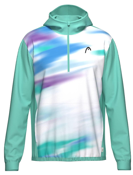 The HEAD Topspin Mens Badminton Hoodie - TQXU by HEAD features moisture-wicking fabric, aqua sleeves and hood, a white base with abstract pastel blue, teal, and purple streaks, plus a small black logo on the left chest for sporty style.